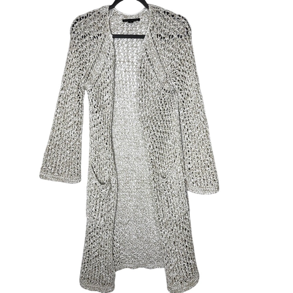 Boston Proper Womens Open Knit Crochet Long‎ Cardigan Duster Sz S Coastal Chic